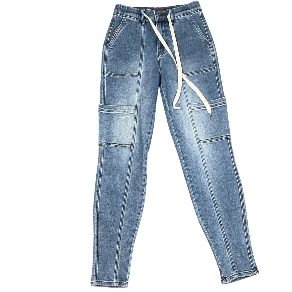 Judy Blue Denim Joggers Womens 0/24 Blue Cargo Slim Fit JB88909 MD-CO Drawstring